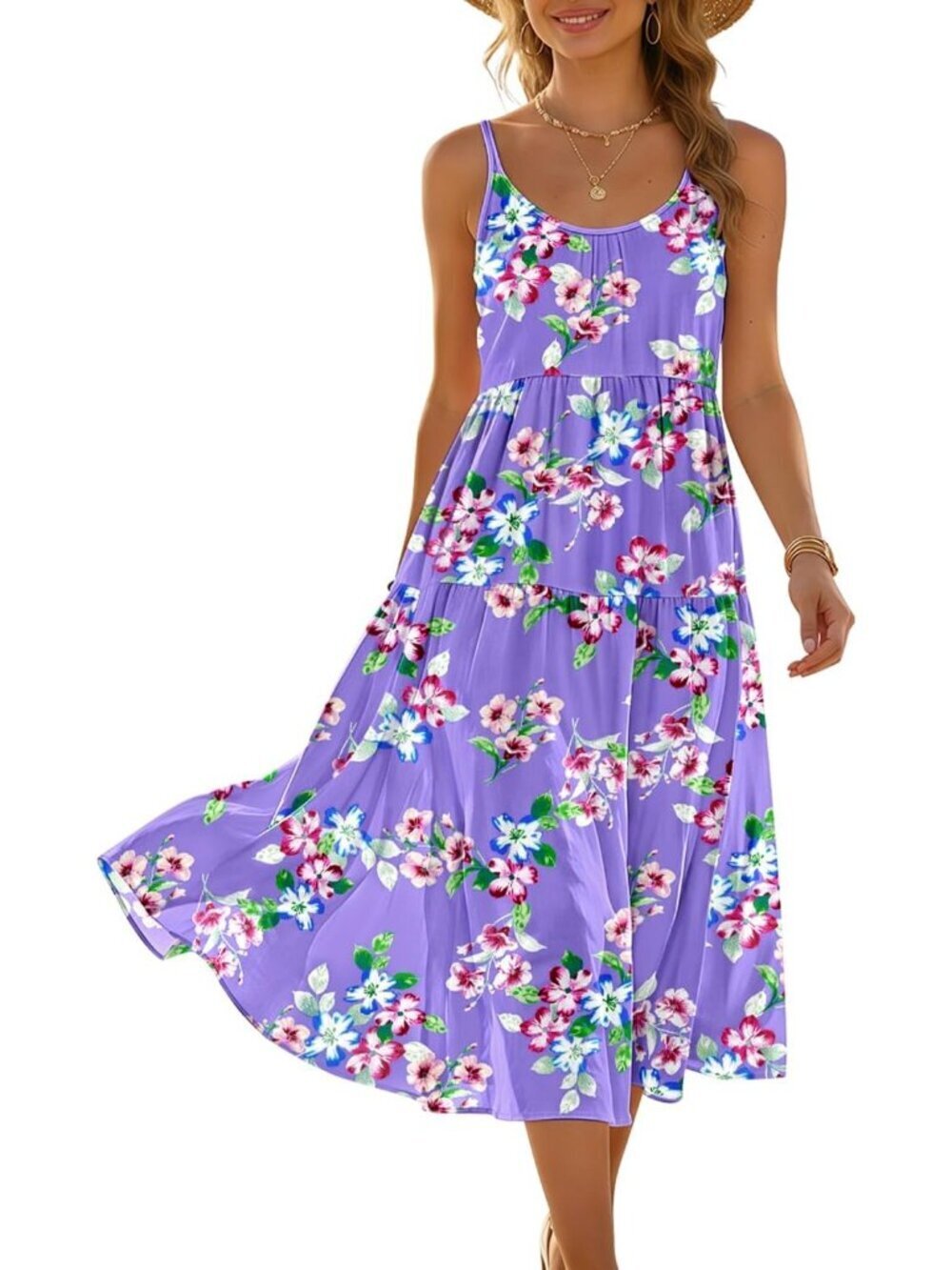 Women's Floral Purple Spaghetti Strap Sundress Boho Casual Flow Midi Dress